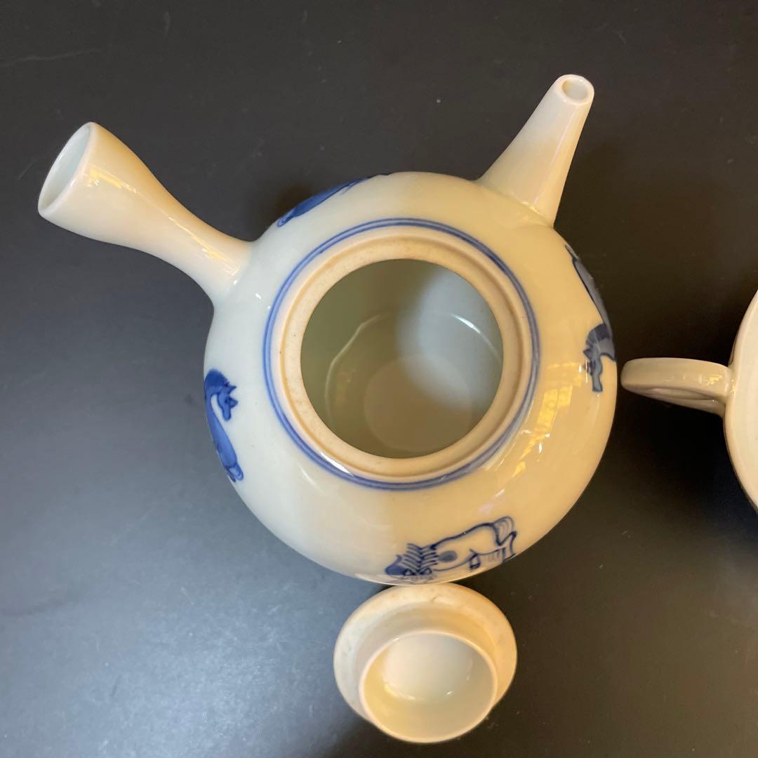 古い染め付け茶器　在名あり　雲魯？急須　前茶碗　建水