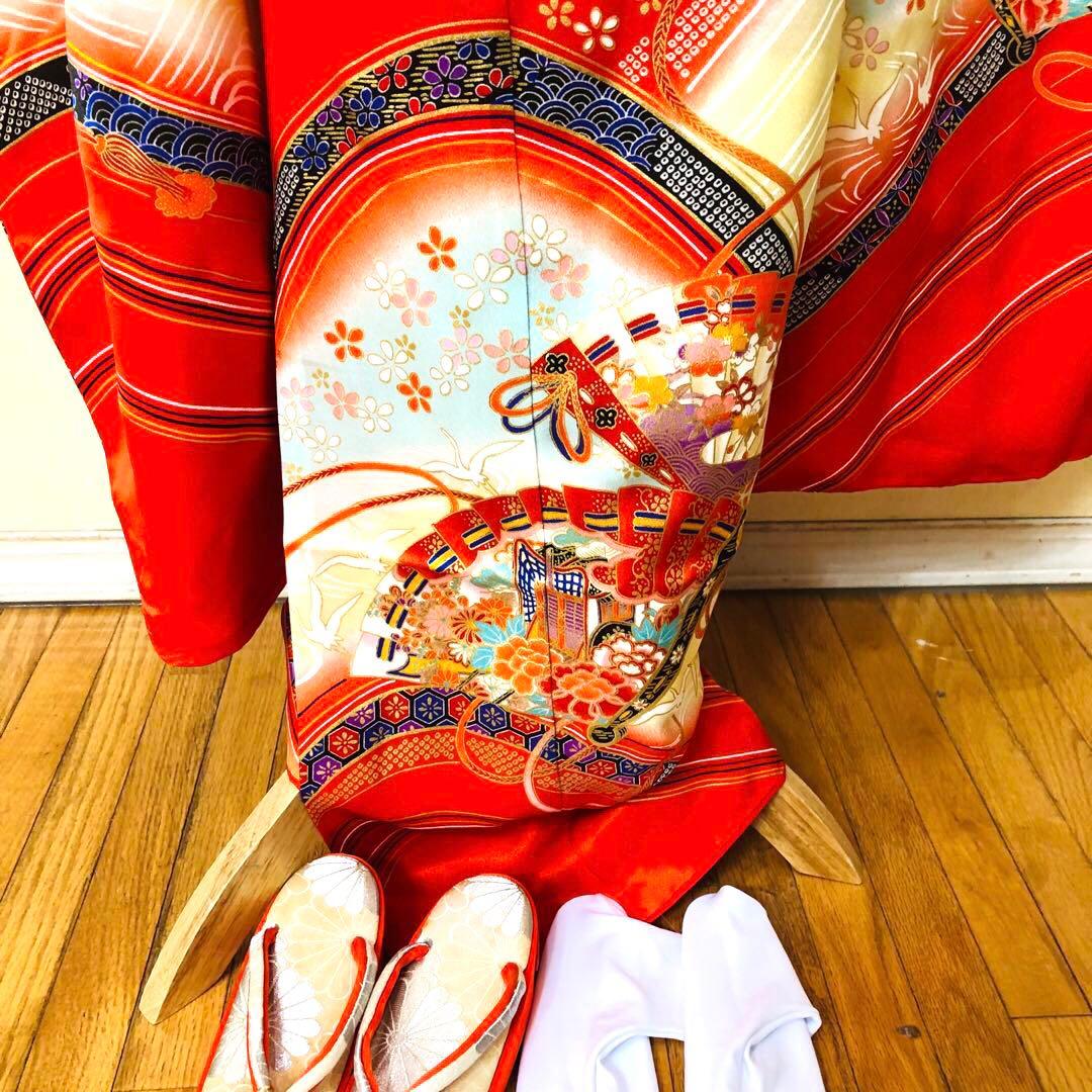 七五三7歳❣️人気赤地暈し金彩際立つ完全フルセッット⭐︎扇熨斗鶴菊金彩煌びやか際立つ