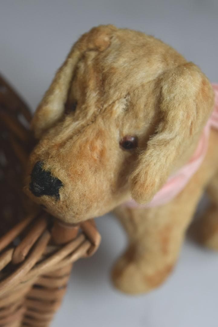 ピンクのリボン　1930年　可愛い小さな犬のぬいぐるみ　藁　フランスアンティーク