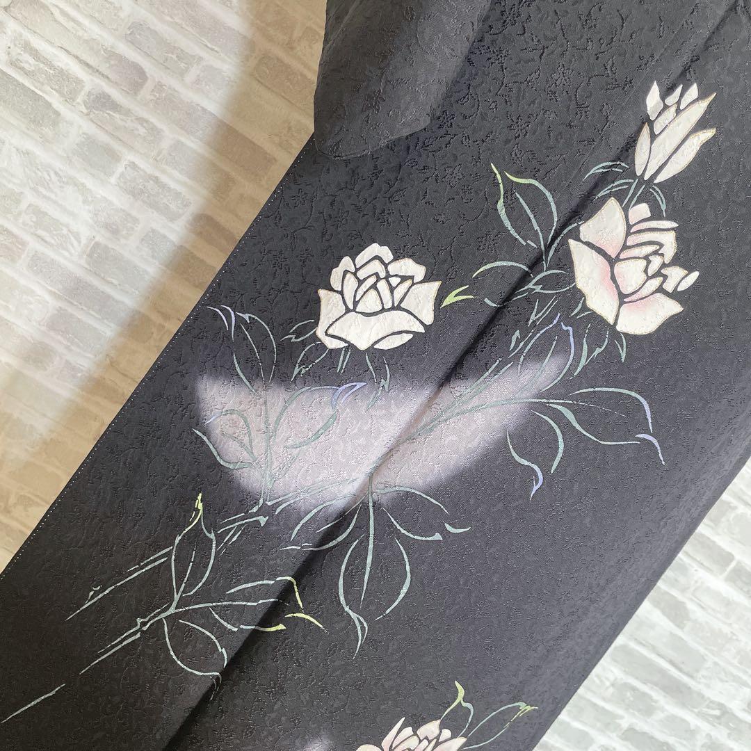 訪問着　フルセット　薔薇　月夜　黒地　金彩加工　おおみ安心ガード加工　着物　Q5