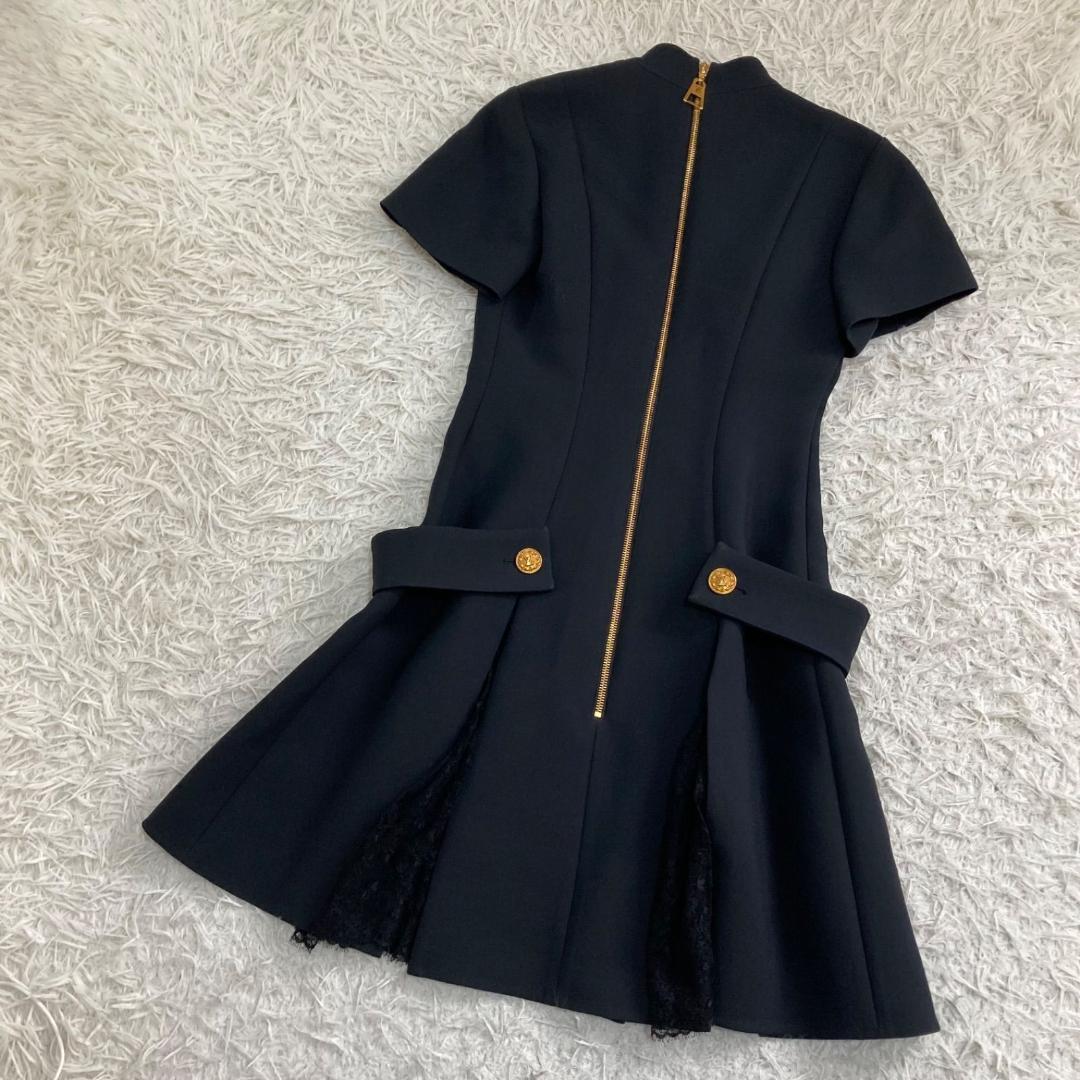 17442✨ルイヴィトン 金ボタン LVロゴ レース切替フレアワンピース ウール