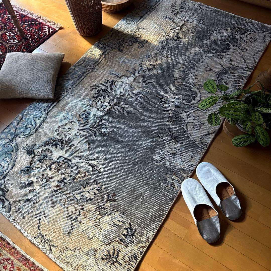 92×180-184グレイカーキ　ボタニカル柄　トルコヴィンテージラグ