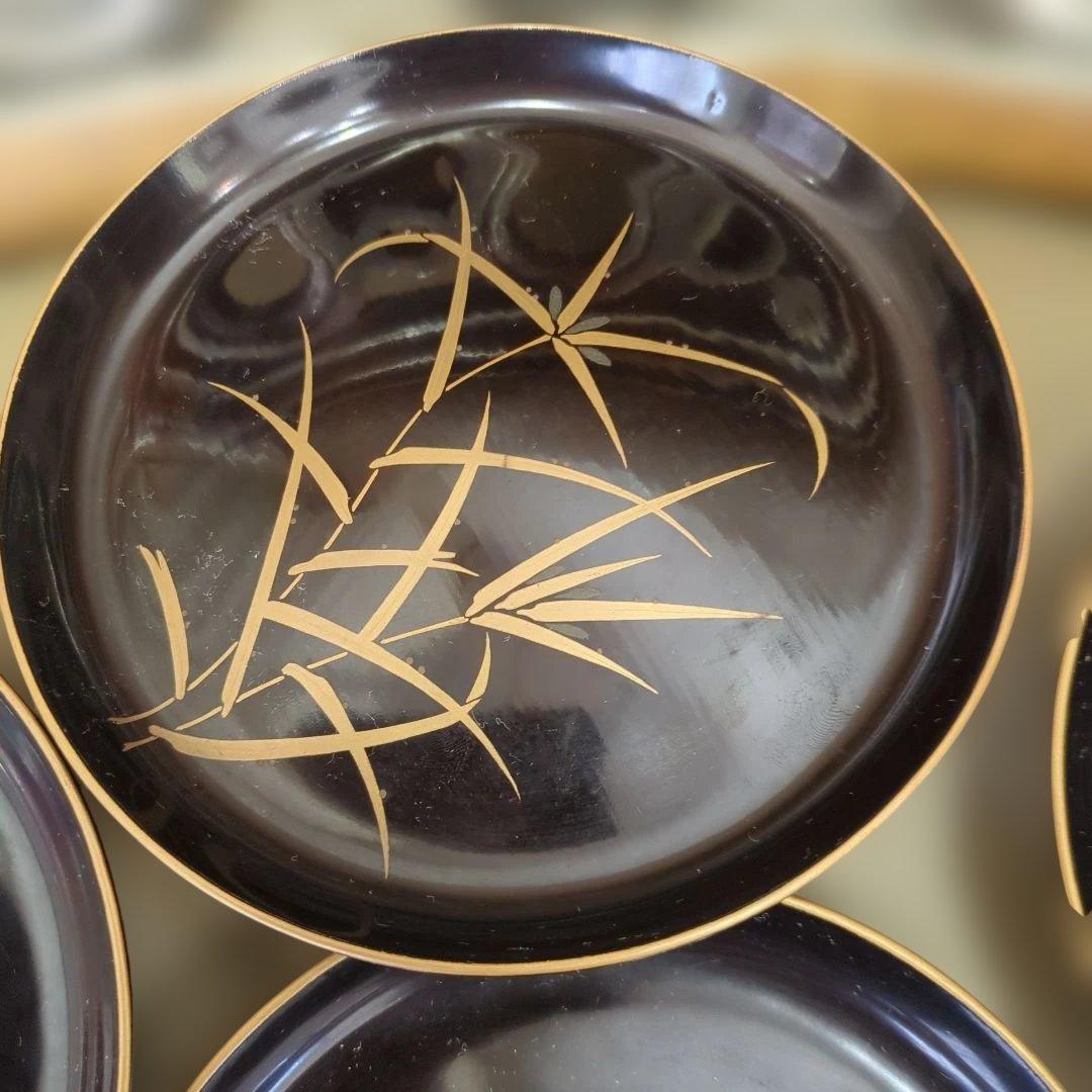 骨董　木皿　蒔絵　図変わり　草花　漆器　金彩　盆　丸盆　7枚