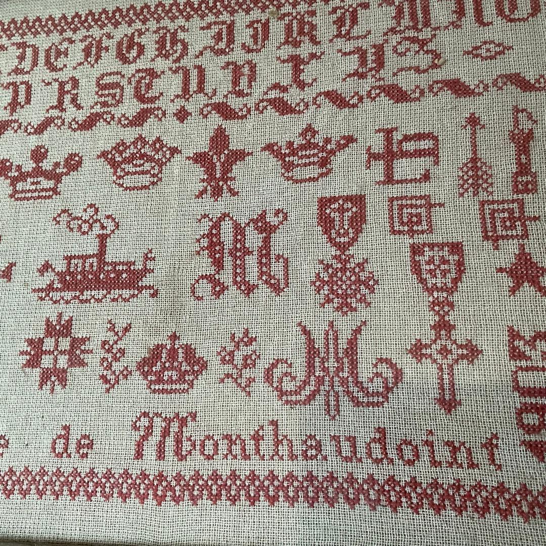 刺繍 フランス アンティーク サンプラー フレーム 1903年 ガラス入り 額装