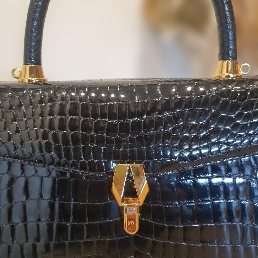 シャイニンクロコダイル本革ハンドバッグ ブラック