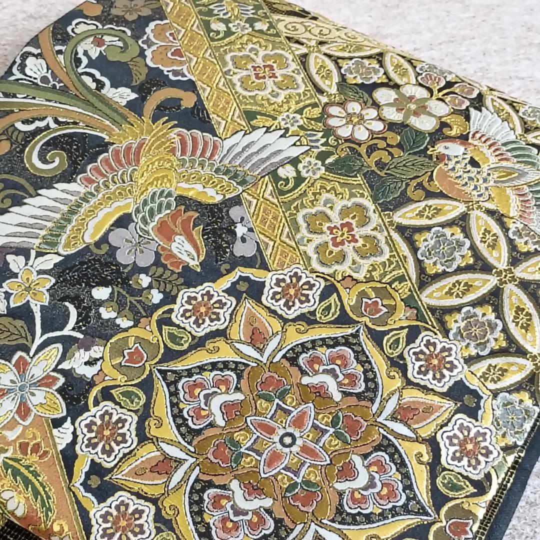 ◆1016◆全通柄　袋帯　本金箔超極細織錦　唐渡花鳥全通　西陣織　正絹　着物帯