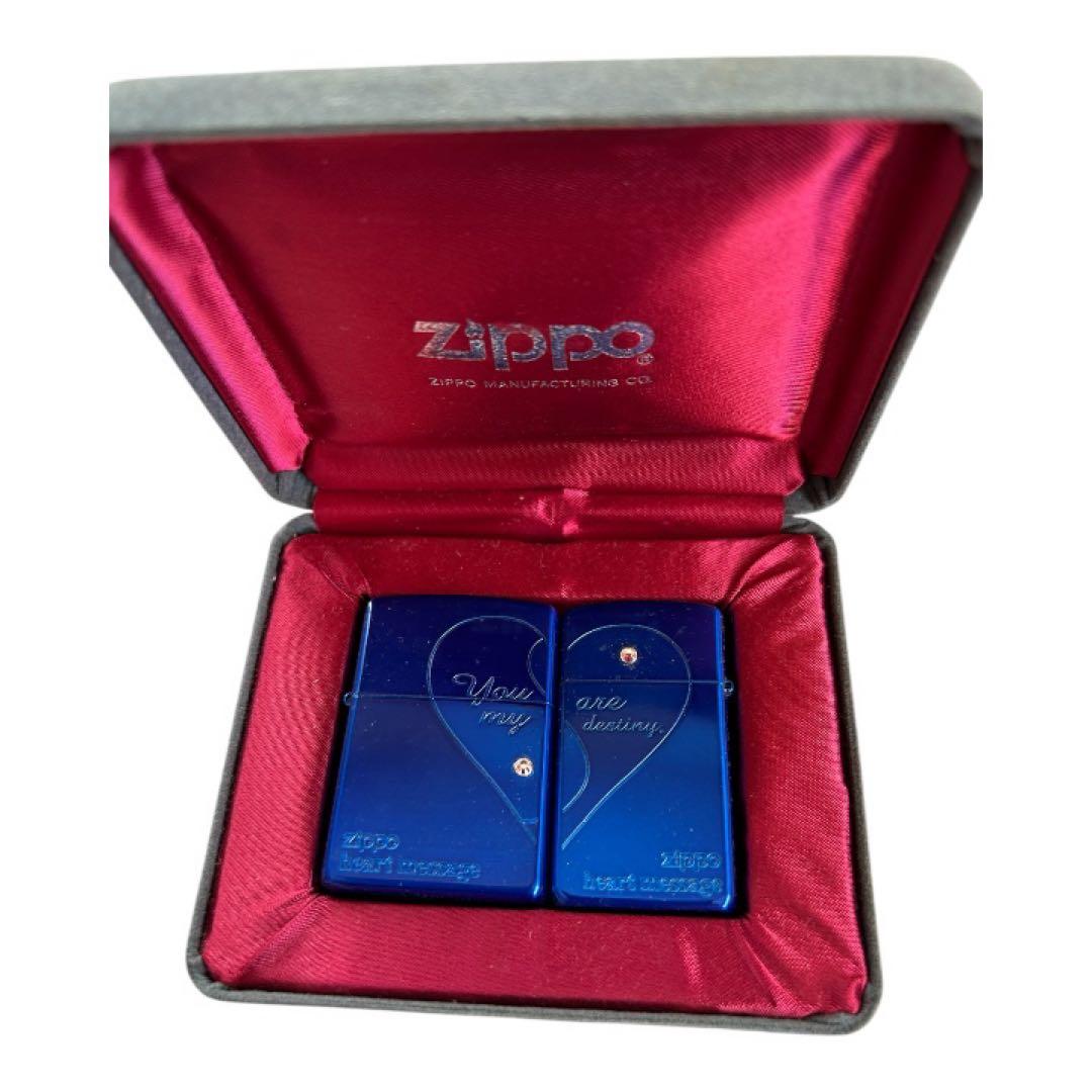 【ねコネコ】ZIPPO ライター ペアハート ブルー シルバー ケース付