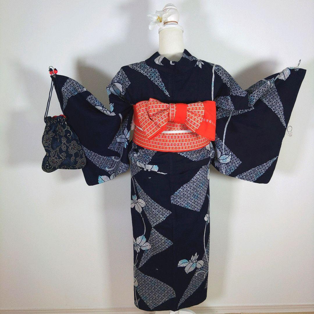 レトロ　レディース　浴衣セット　身丈154cm　ネイビー　花柄　半幅帯　オレンジ