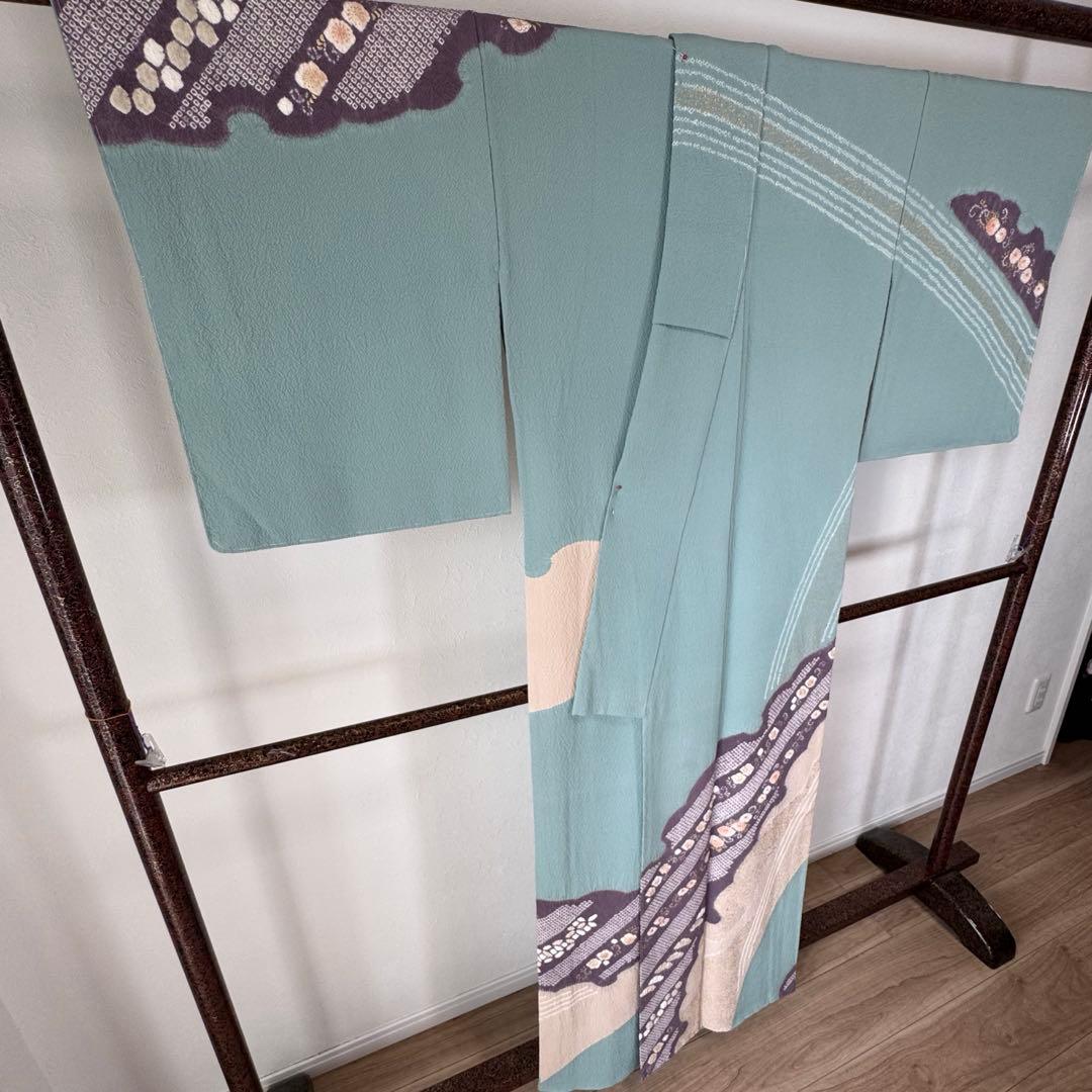 しつけ付き　正絹　袷　広襟　訪問着　付け下げ　着物　163 青緑　紫　金　滝泰