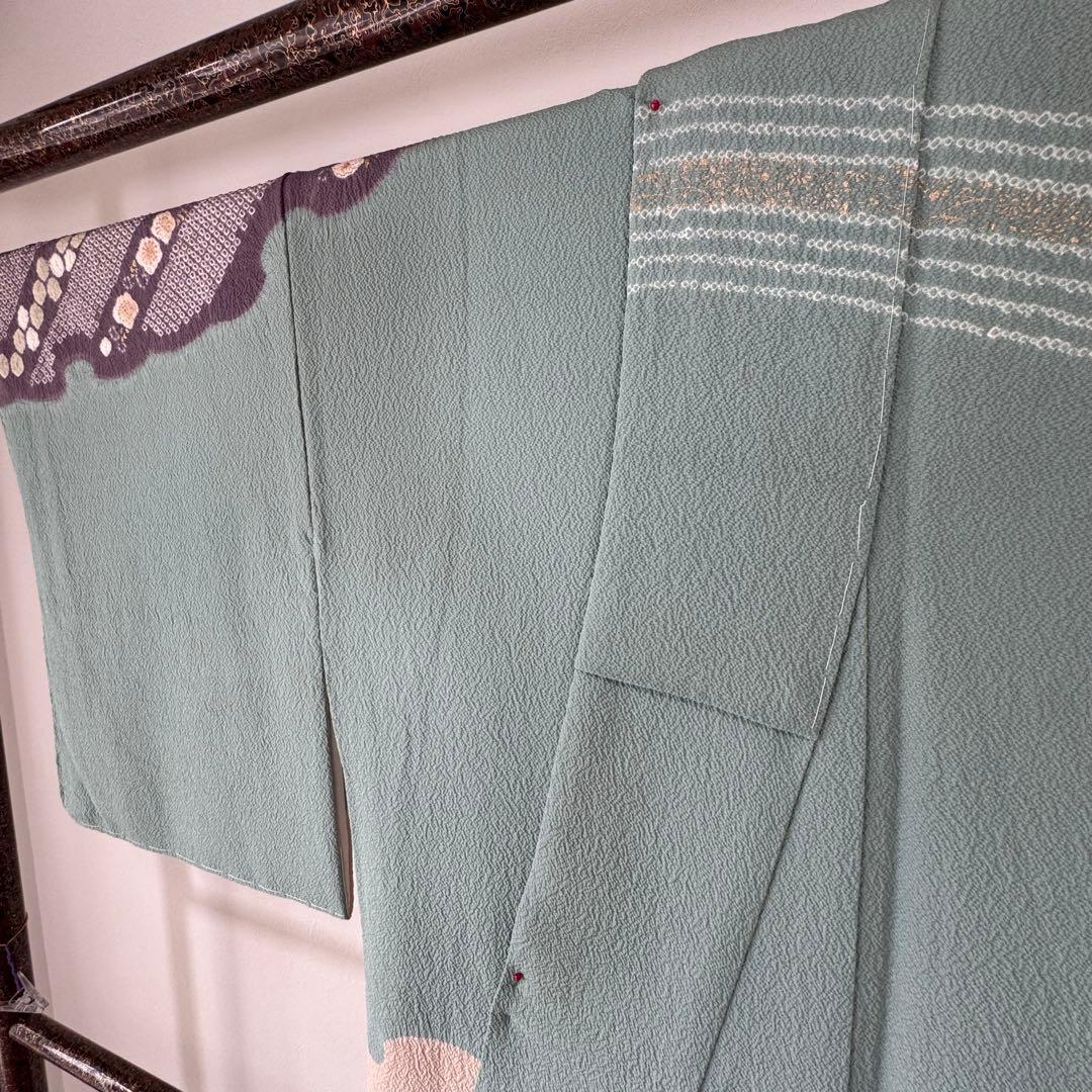 しつけ付き　正絹　袷　広襟　訪問着　付け下げ　着物　163 青緑　紫　金　滝泰