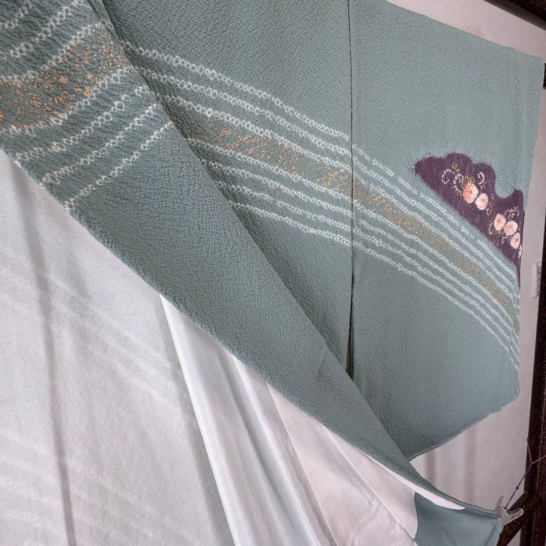 しつけ付き　正絹　袷　広襟　訪問着　付け下げ　着物　163 青緑　紫　金　滝泰