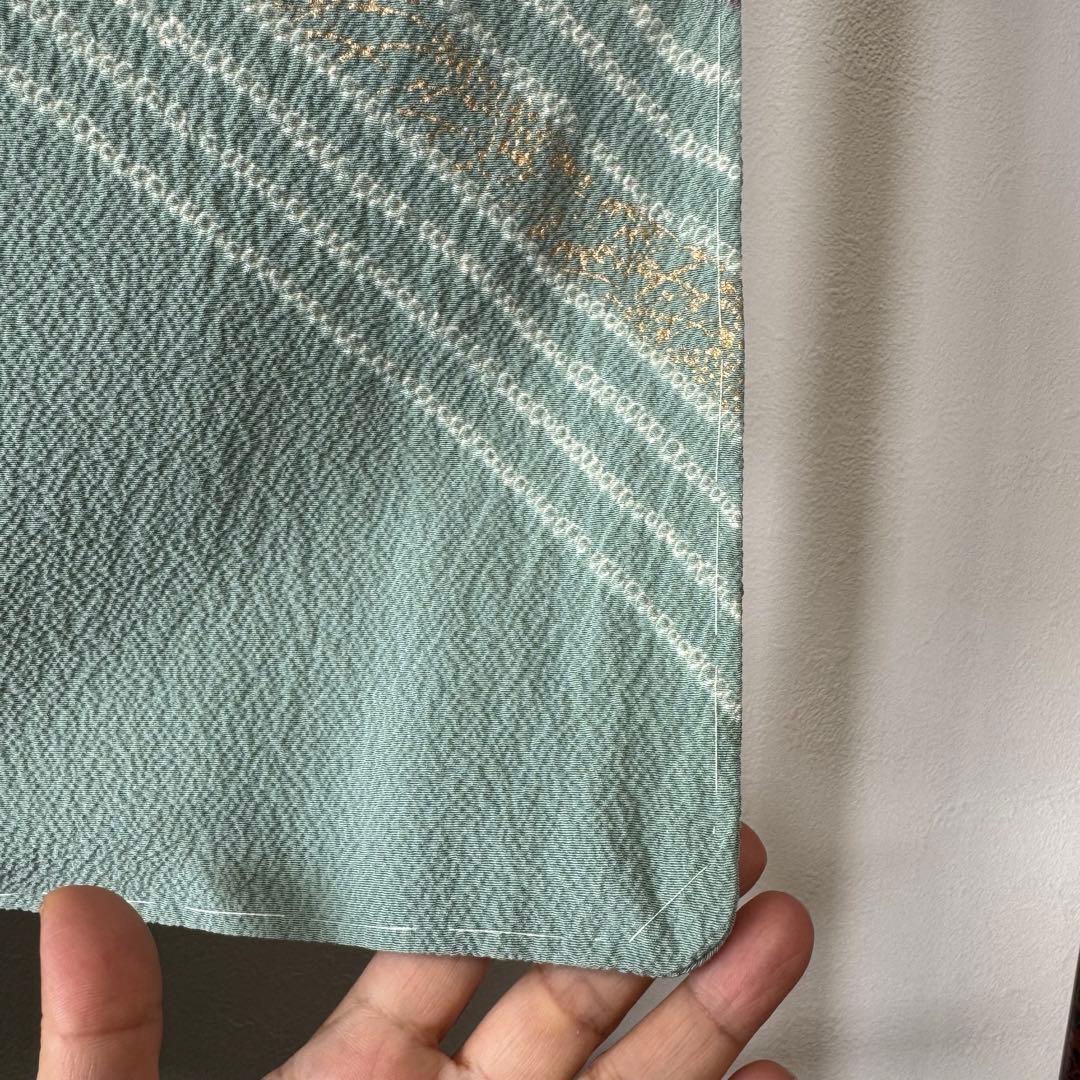 しつけ付き　正絹　袷　広襟　訪問着　付け下げ　着物　163 青緑　紫　金　滝泰