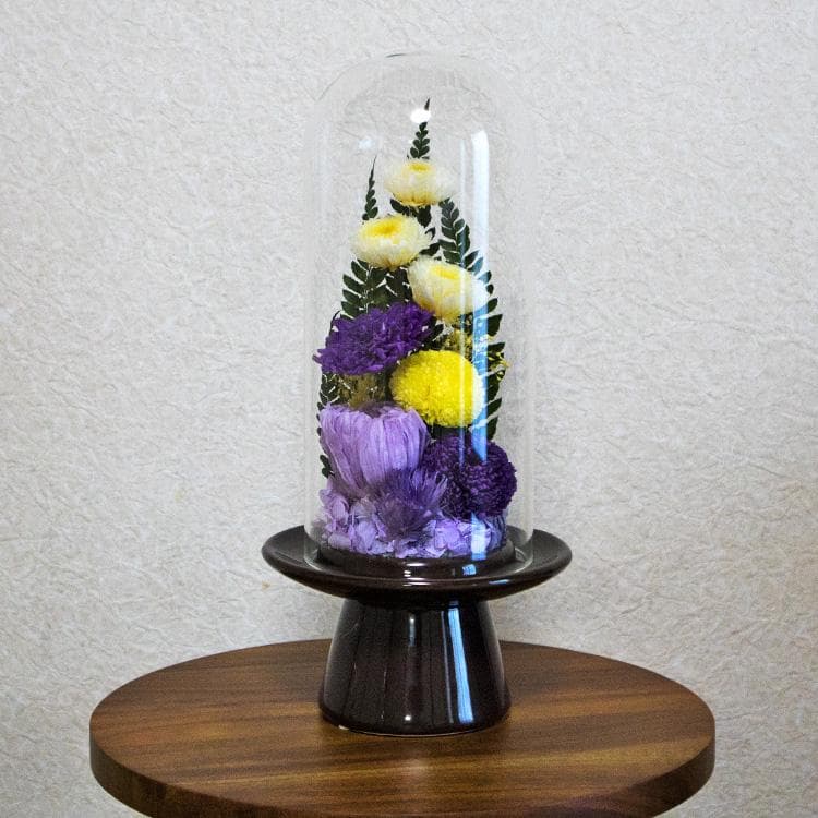 お供え用 おおきめ仏花 プリザーブドフラワーアレンジ作品 ガラスドームで長持ち
