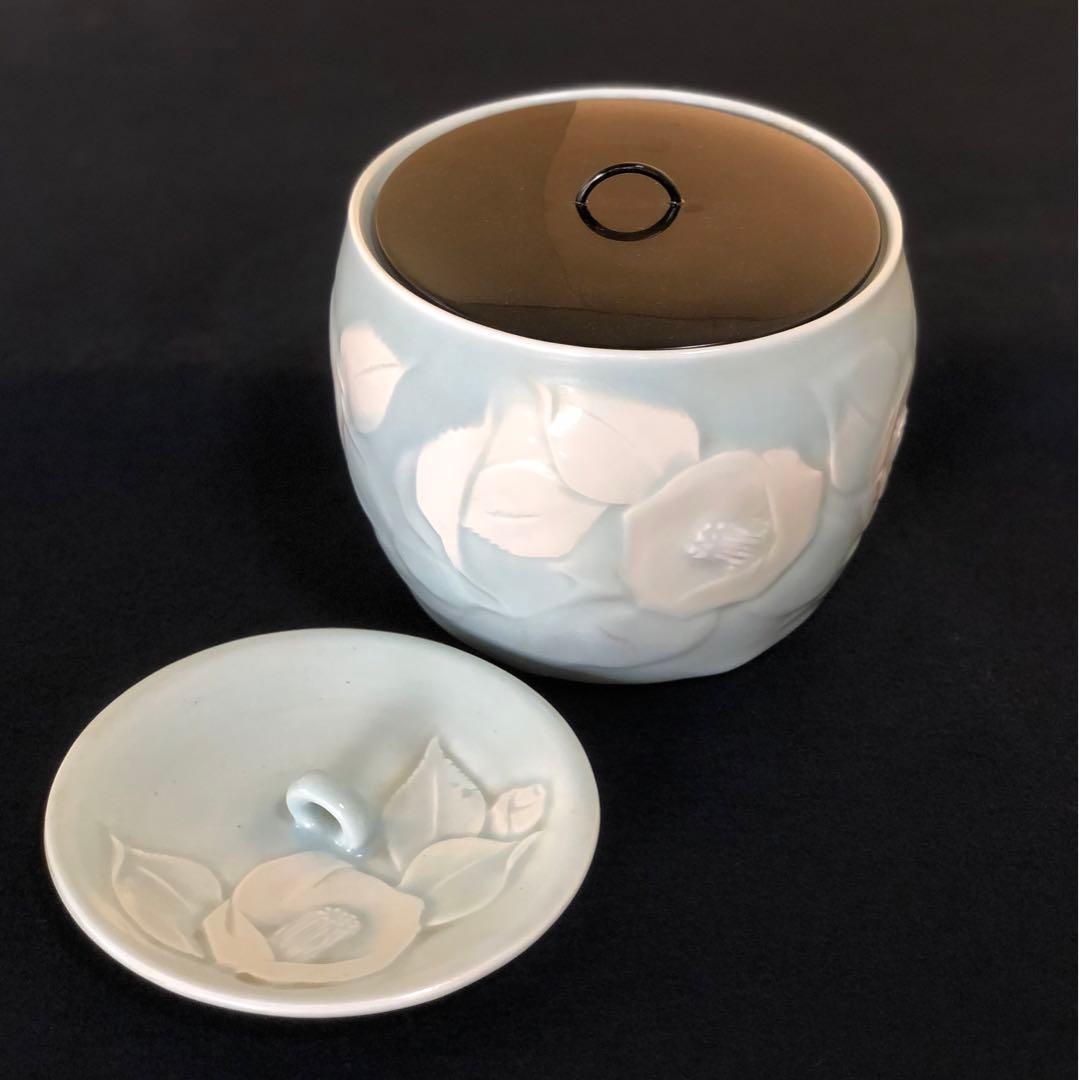 ❗️割引《R》妙高焼 青磁 椿文 水指 高井進 歴書 共布 共箱　250826G2