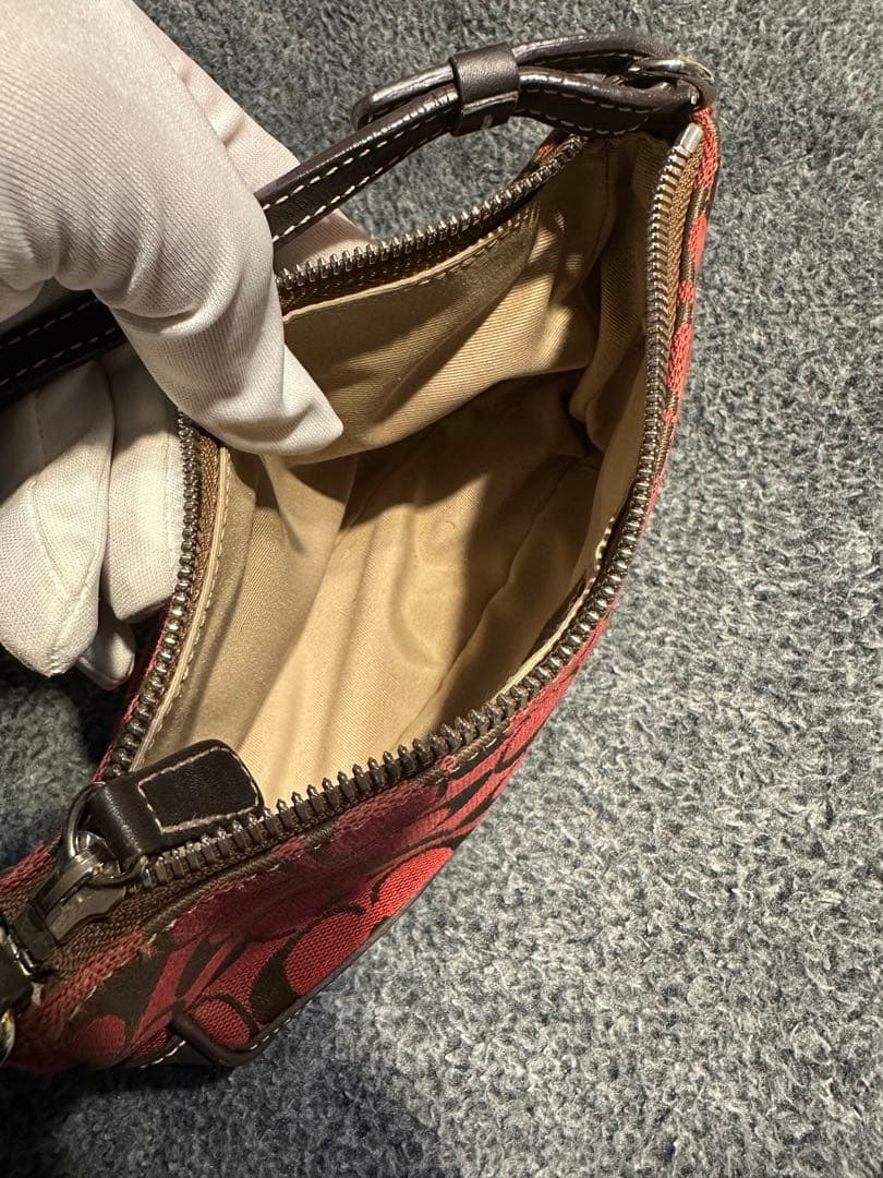 COACHコーチ　アクセサリーポーチ　ハンドバッグ　キャンバス 赤 茶