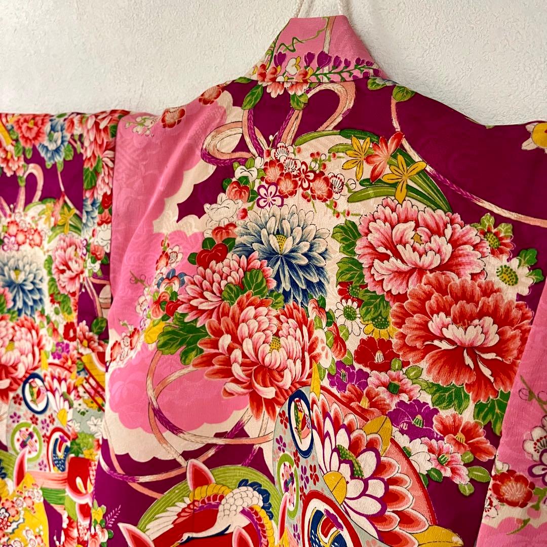 正絹 アンティーク着物 七五三 ◇赤紫色 糸巻き 薬玉 古典柄