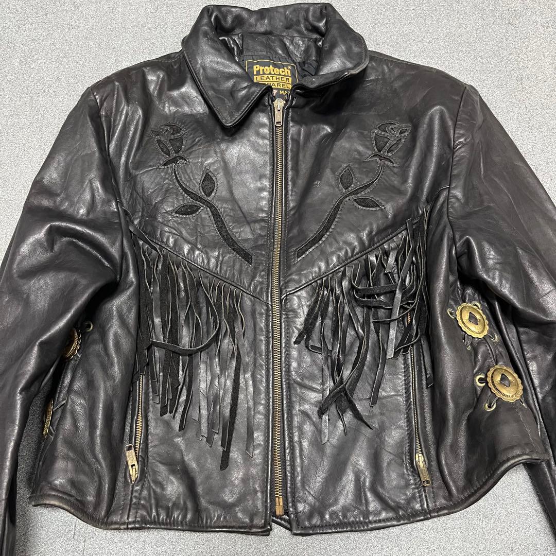 875 Protech製USA 薔薇×フリンジレザー 黒 コンチョ装飾 16