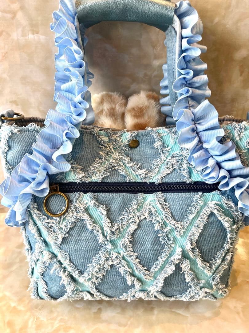 コヤンイサムチョン　フリンジデニム/スパンコールレースデニム　フリル持ち手バッグ