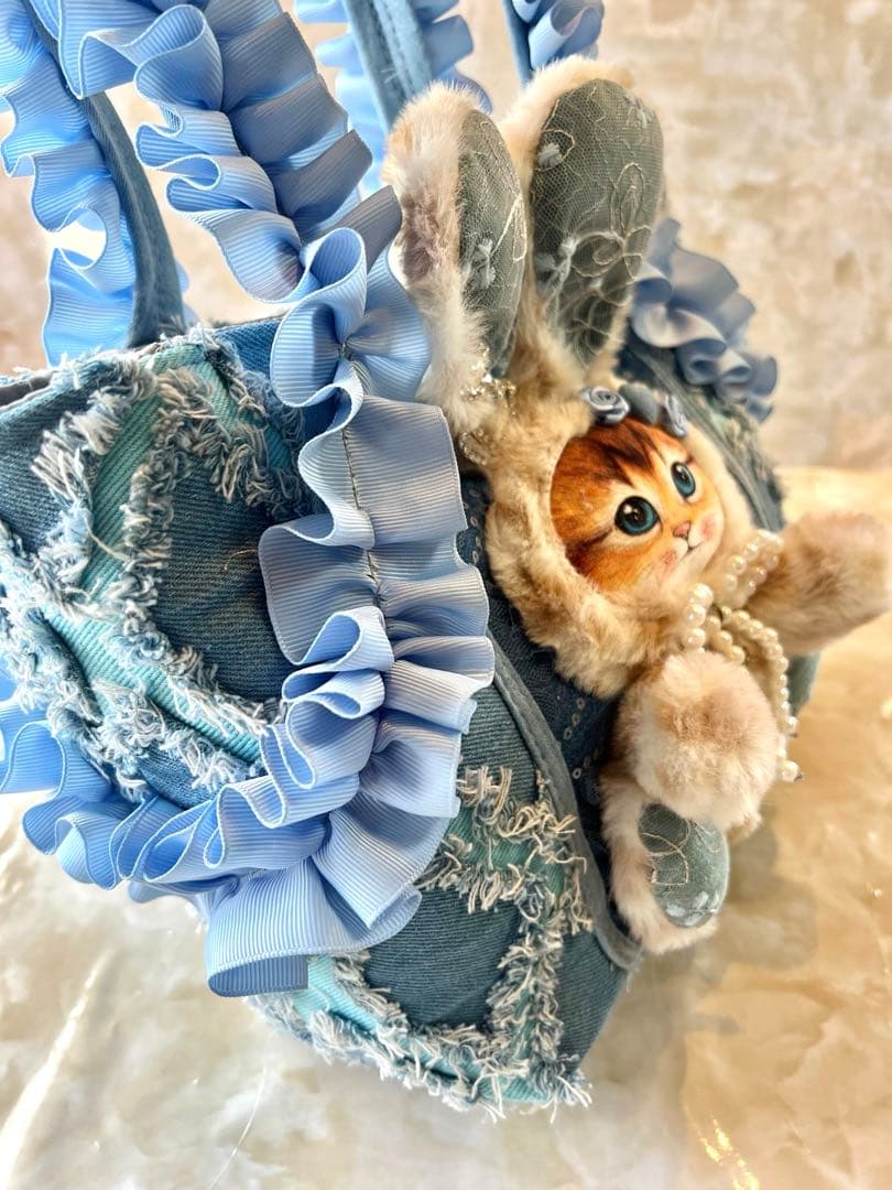 コヤンイサムチョン　フリンジデニム/スパンコールレースデニム　フリル持ち手バッグ