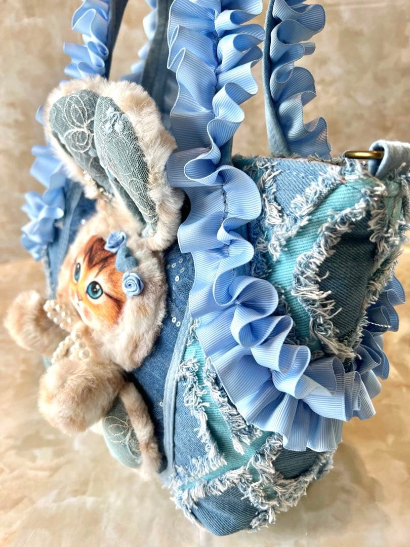 コヤンイサムチョン　フリンジデニム/スパンコールレースデニム　フリル持ち手バッグ