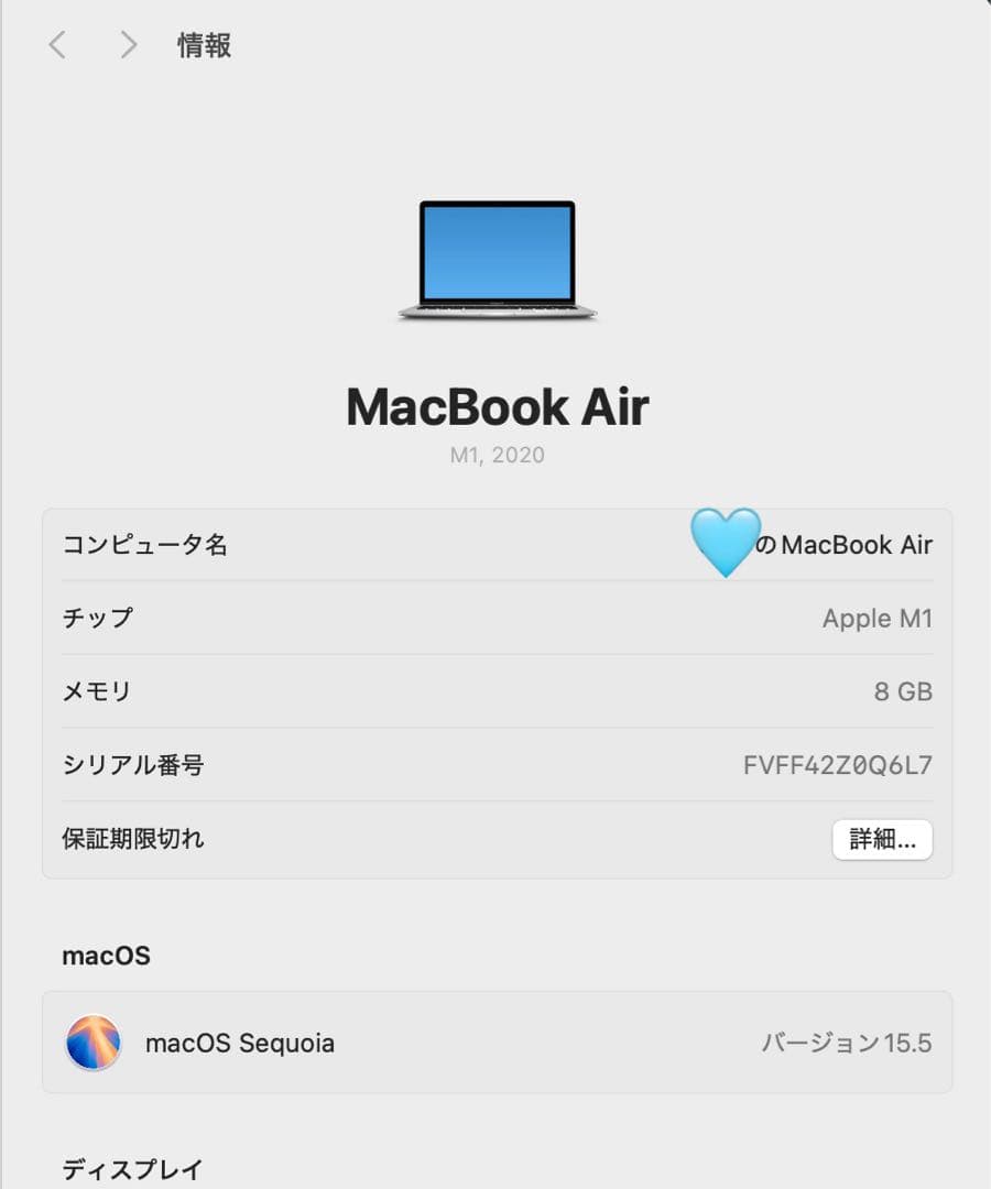 MacBook Air 2020　M1/8GB/256GB/13インチ