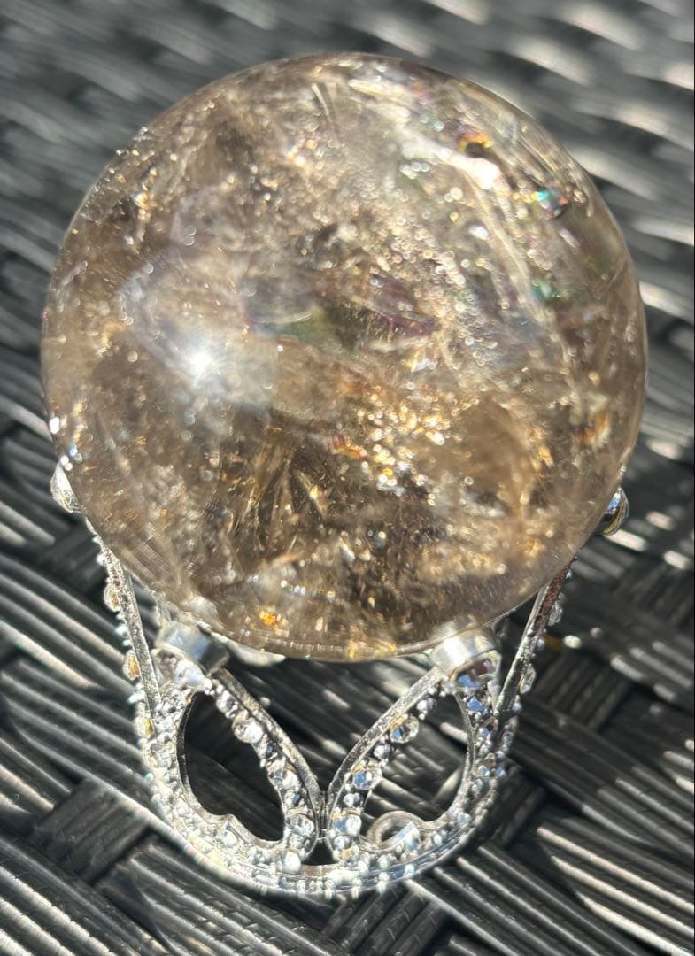 【天然石】爆虹入り　スフィア　スモーキークウォーツ