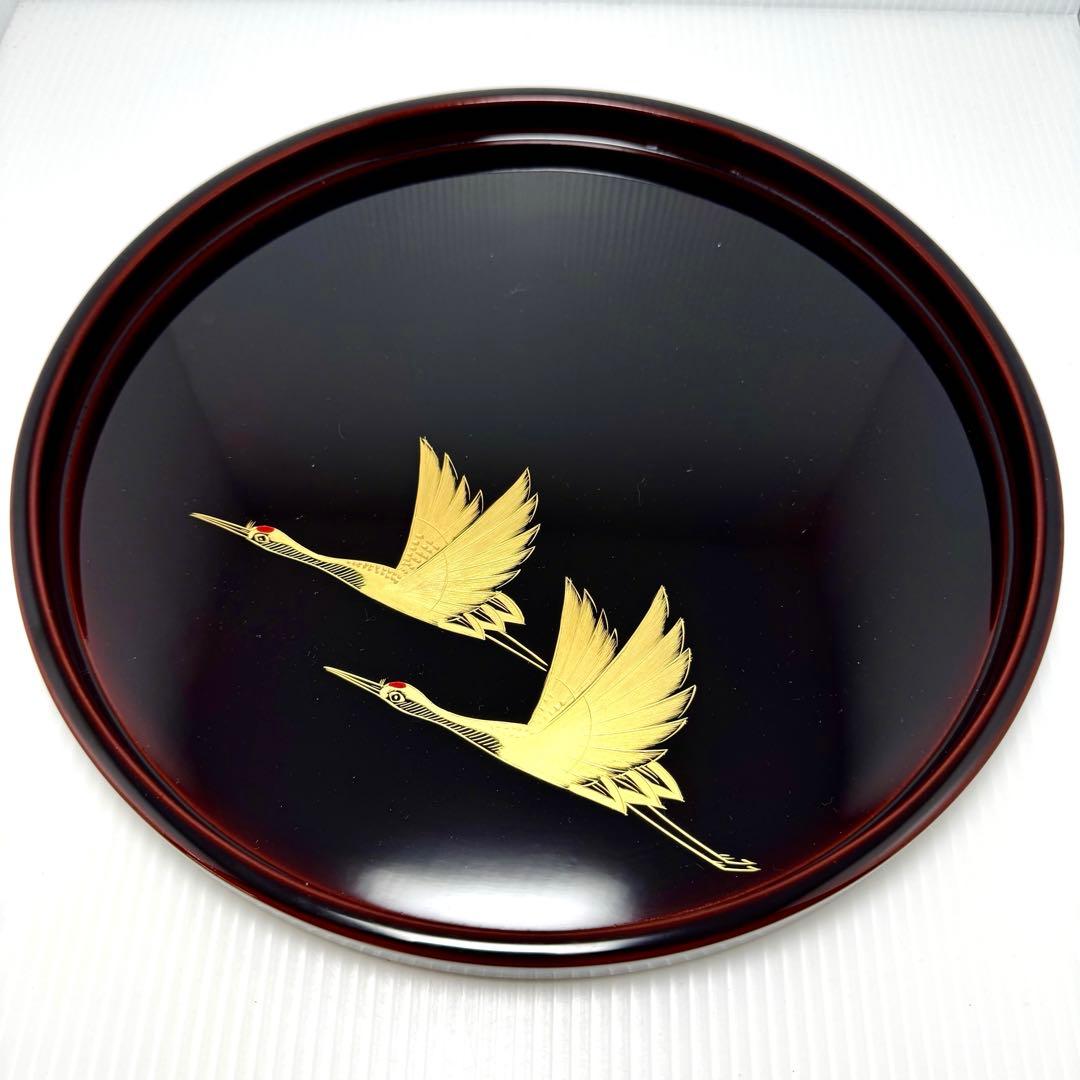 未使用 輪島塗 沈金 トレー お盆 膳 鶴 高級 漆 漆器 飾り 共箱 説明書