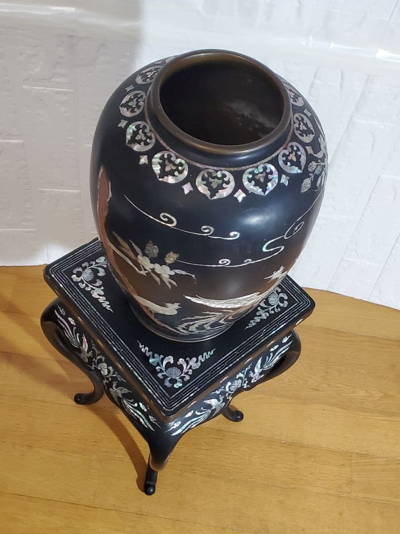 螺鈿細工　 花瓶 花台 セット　 鳳凰 　 漆器　 伝統工芸 韓国 　飾り壺