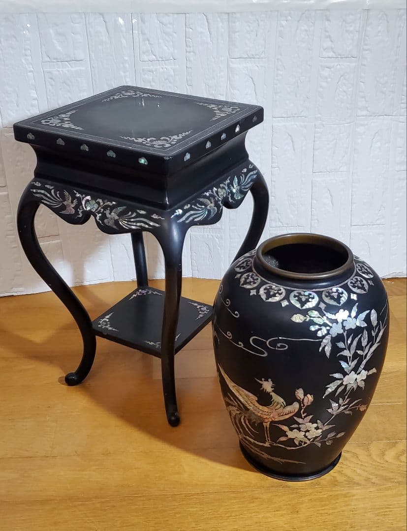 螺鈿細工　 花瓶 花台 セット　 鳳凰 　 漆器　 伝統工芸 韓国 　飾り壺
