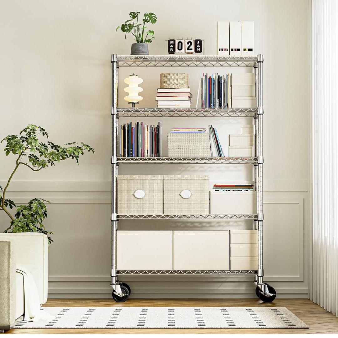 スチールラック 5段 キャスター付 収納棚 頑丈 ワイヤーシェルフ メタルラック