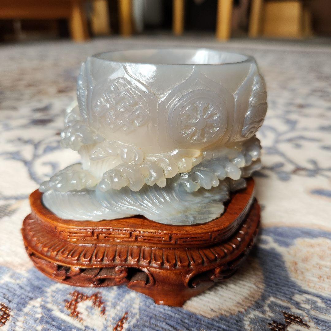 天然瑪瑙水滴　鶴首銅製匙、唐木台付き　書道水滴