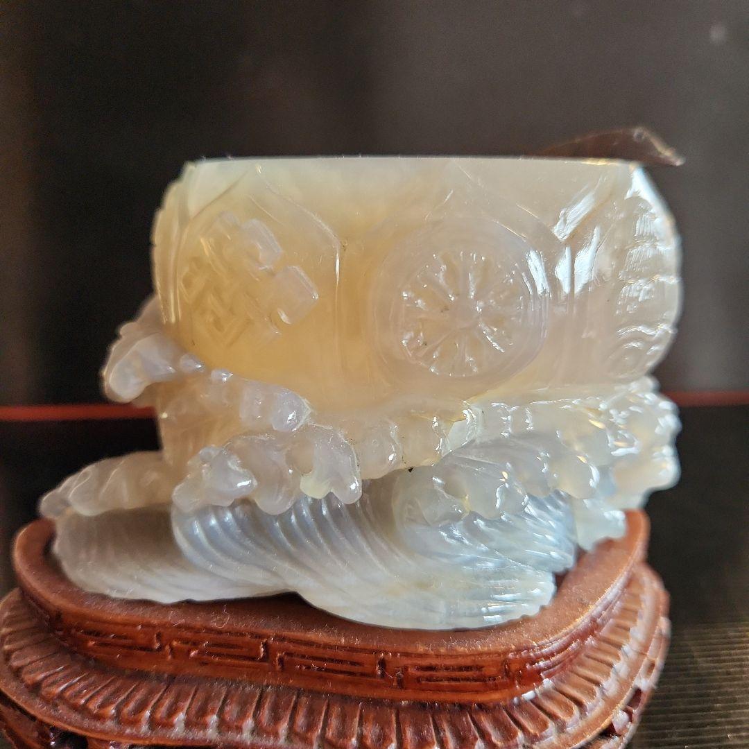 天然瑪瑙水滴　鶴首銅製匙、唐木台付き　書道水滴