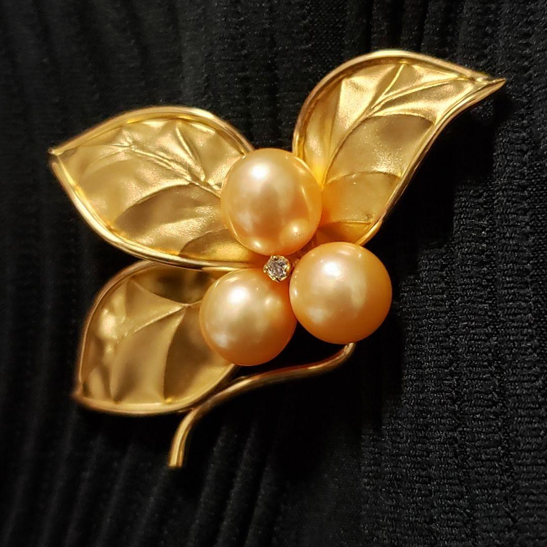 SALE レア 純金 K18ブローチ 切り回し淡水パール手造り テッポウ金具