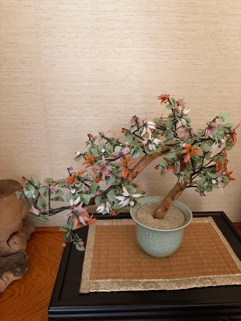 中国美術骨董品中型 造花 陶器鉢付き インテリア置物