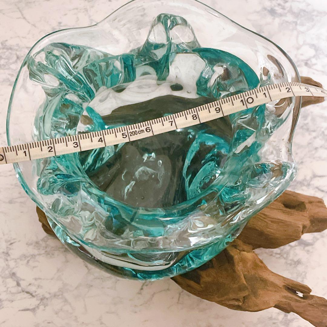 お花型 流木ガラス オブジェ 花瓶 Lサイズ ガラス細工 流木台座 置物