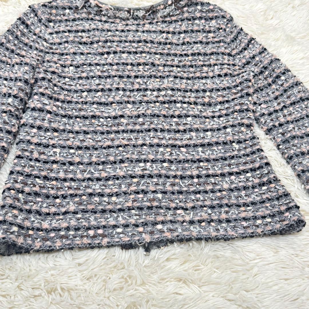 Reneルネ　ノーカラージャケット ニット パール ビジュー ダブルジップ 34