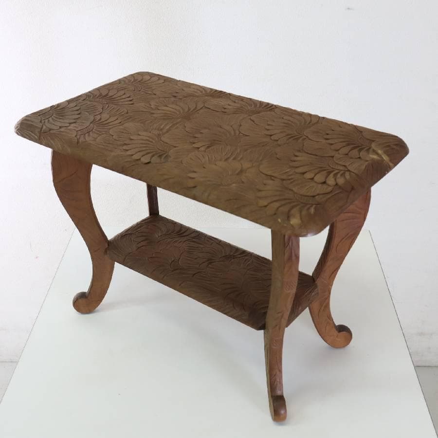 伝統工芸 日光彫 花文 サイドテーブル 花台 幅60cm 棚板付き