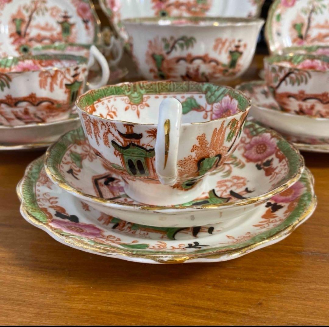 英国窯初期のアンティーク　カップ　ソーサー　プレート　シノワズリ c1880