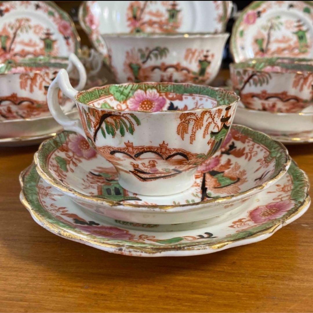 英国窯初期のアンティーク　カップ　ソーサー　プレート　シノワズリ c1880