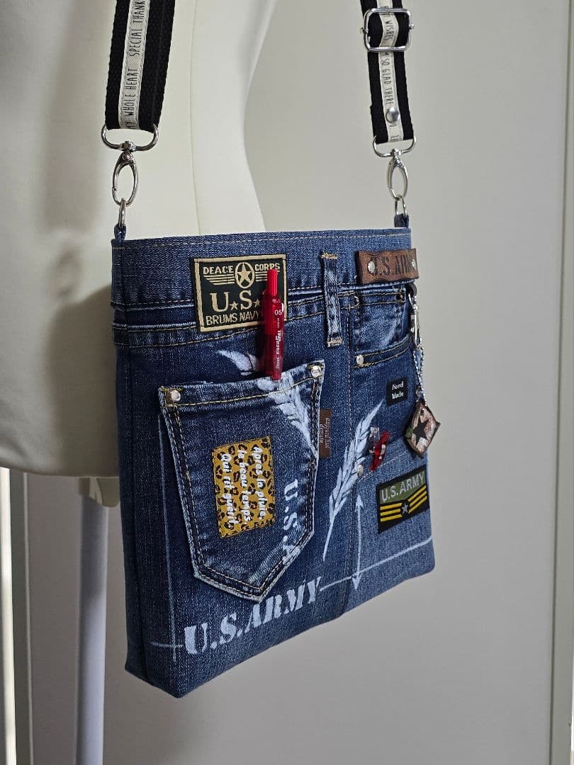 大きめ デニムリメイクバッグ ファスナー ＆ カジュアルサコッシュ 2点