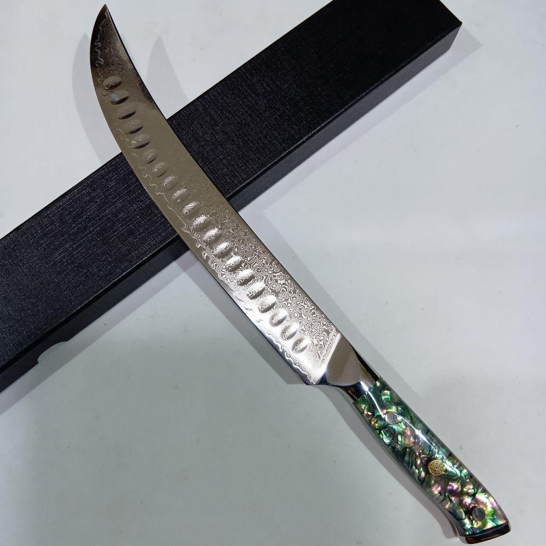67層 ダマスカスVG10 筋引 カービング ナイフ アワビシェル透明樹脂柄