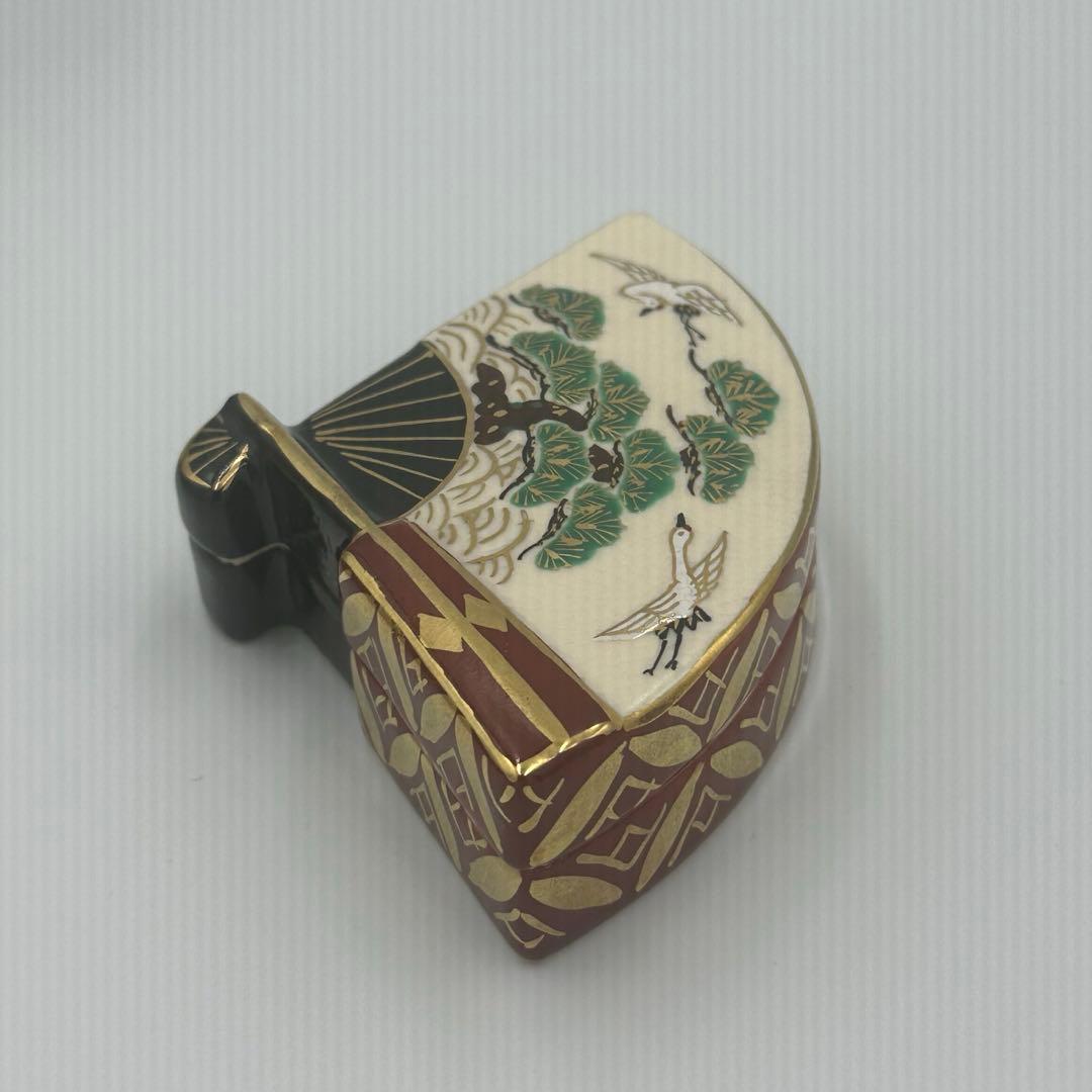 橋本城岳　色絵末広　扇面　香合　茶道具　鶴　松