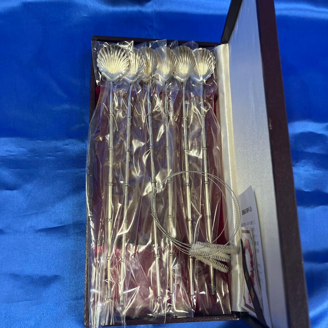 銀製　ストロースプーン　6本セット　掃除用ブラシ付き