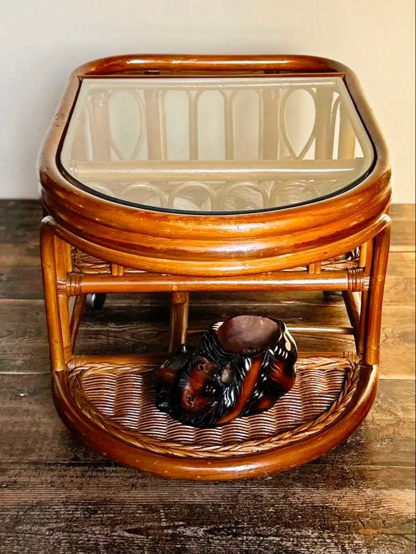 昭和後期 籐製 サイドテーブル 強化ガラス天板 キャスター付き（ラタン）