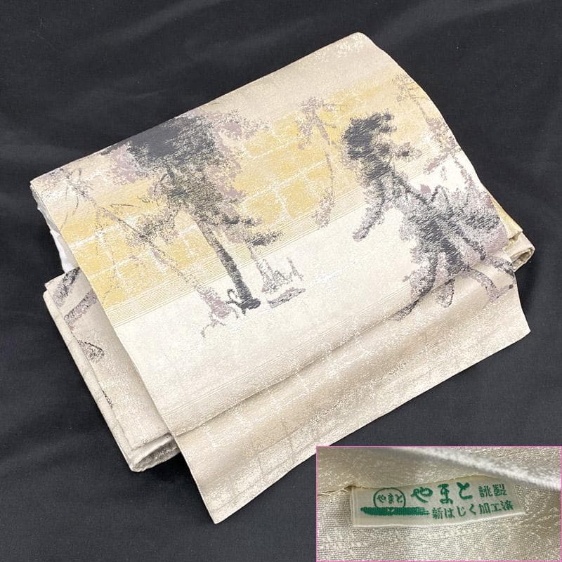 507mr86▲ワンタッチ作り帯 きものやまと 風景 抽象柄 箔糸 袋帯▲美品