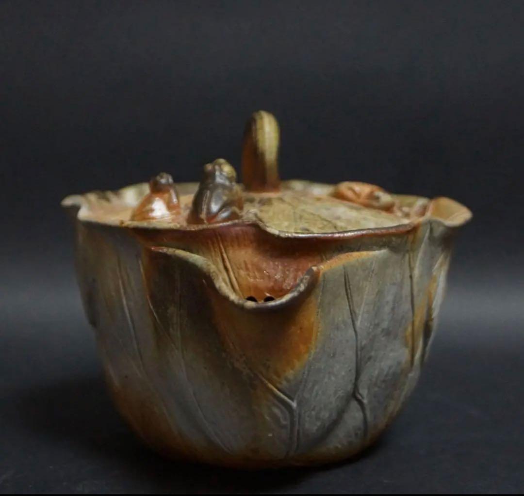 ★備前焼 小西陶古造 窯変細工浮彫 『蓮の実に蛙/蟹』宝瓶★共箱 ★