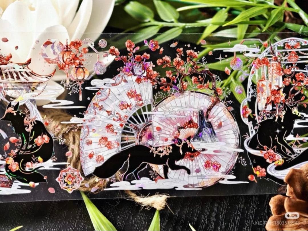 贝壳光 与狐说·冬梅 7.5cm×5m 半端巻き 和柄 キツネ