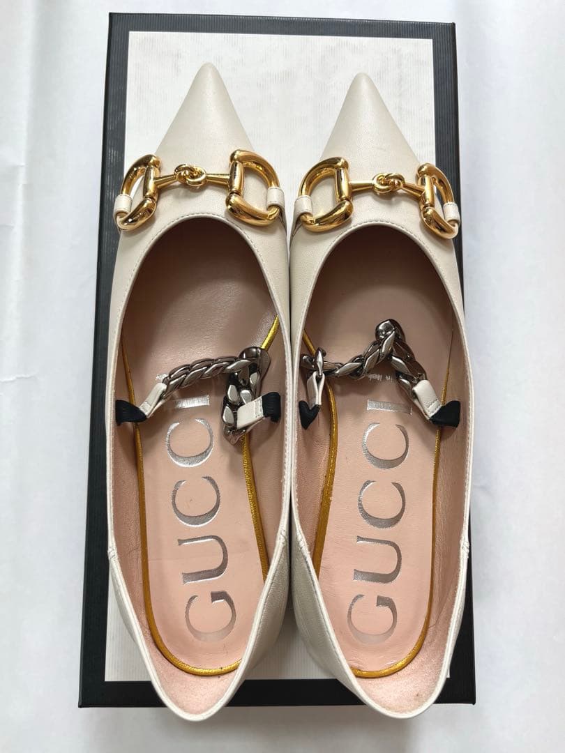 GUCCI ホワイトレザーホースビットフラットシューズ　2WAY 新品