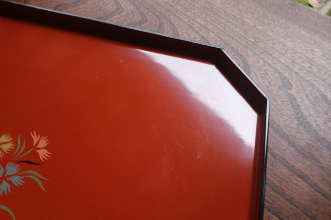 傷有参考品！時代朱漆に風情ある草花絵の映える折敷2点（検輪島塗京塗懐石膳お膳お盆