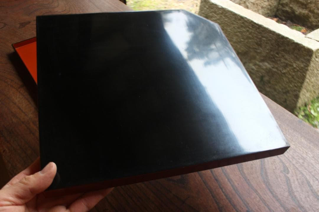 傷有参考品！時代朱漆に風情ある草花絵の映える折敷2点（検輪島塗京塗懐石膳お膳お盆